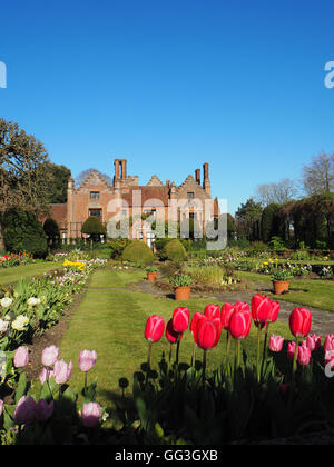 Ritratto di Chenies Manor House e affondata giardino presso tulip time con un luminoso cielo blu e rosa luminoso tulipani che incorniciano la vista. Foto Stock