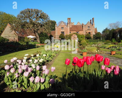 Paesaggio di Chenies Manor House e affondata giardino presso tulip time con un luminoso cielo blu e rosa luminoso tulipani che incorniciano la vista. Foto Stock