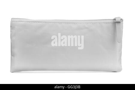 Vista frontale della matita grigia caso isolato su bianco Foto Stock