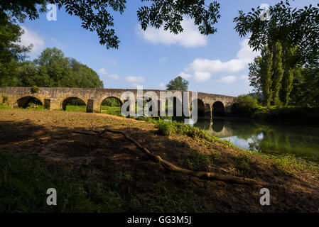 Pietra medievale Ponte sul fiume Dobra vicino a Novigrad in Croazia paesaggio Foto Stock