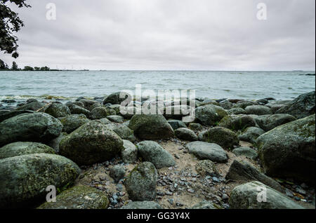 Costa rocciosa nel Golfo di Finlandia e le onde il giorno nuvoloso Foto Stock