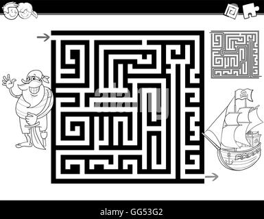 Bianco e Nero Cartoon illustrazione del labirinto di istruzione o labirinto Attività Attività per bambini con la nave pirata e la nave per la colorazione Illustrazione Vettoriale