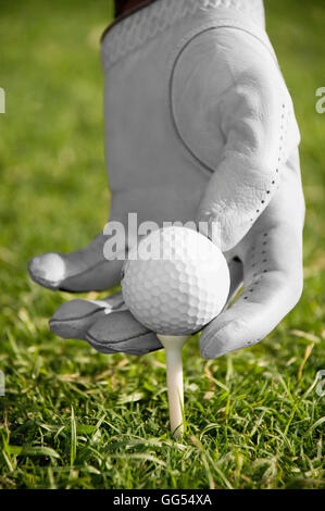 Posizionare la pallina da golf sul raccordo a T Foto Stock