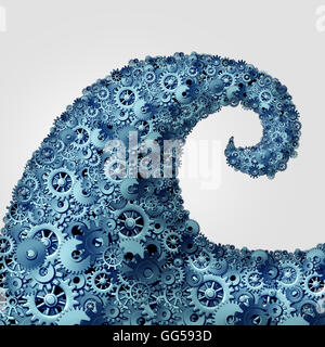 Business tendenze wave concept come un gruppo di ruota dentata e ingranaggio a forma di oggetti come un oceano onda agitandosi con vigore come metafora per la tecnologia corrente di cambiamento come 3D'illustrazione. Foto Stock