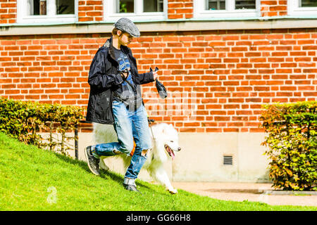 Ystad, Svezia - 1 Agosto 2016: persone reali nella vita di tutti i giorni. Giovane uomo adulto a spasso con un cane Samoiedo indossando un arancio R Foto Stock