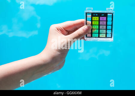 Misurare l'inquinamento delle acque in blu piscina esterna dal tester di chimica Foto Stock