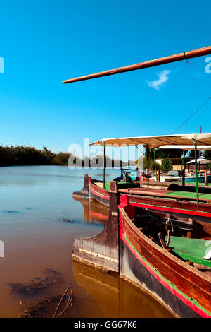 Alcune barche ormeggiate in un dock presso la Laguna di Albufera de Valencia, Valencia, Spagna Foto Stock