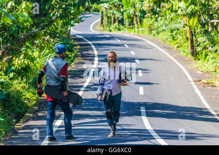 Due longboard skateboarders in azione. Foto Stock