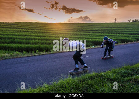 Due longboard skateboarders in azione. Foto Stock