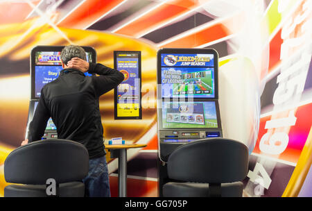 Uomo maturo utilizzando fixed odds Roulette macchina (FOBT fixed odds betting terminale) in Bookmakers. Inghilterra, Regno Unito Foto Stock