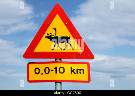 Segno di traffico attenzione le renne, Islanda Foto Stock