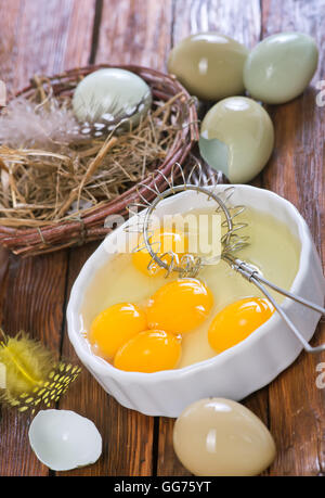Uova di fagiano su un tavolo, tuorli di uova di fagiano Foto Stock