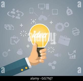 Uno stile piatto idea moderna innovazione lampadina concetto infografico. Web concettuale illustrazione di imprenditore mano azienda lampada. Illustrazione Vettoriale