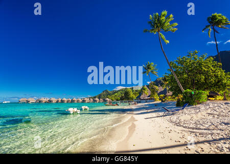 Resort tropicale con spiaggia di sabbia e palme di Moorea, Polinesia Francese Foto Stock