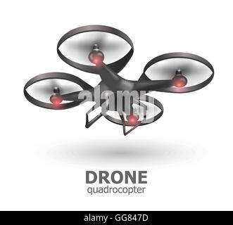 Realistica aria remoto drone quadrocopter battenti su sfondo bianco. Vista Isomertic. Illustrazione Vettoriale Illustrazione Vettoriale