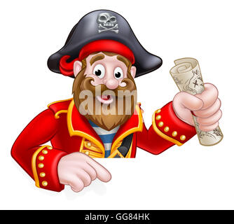 Un cartoon pirate peeking oltre il segno e la punta rivolta verso il basso tenendo un tesoro mappa Foto Stock