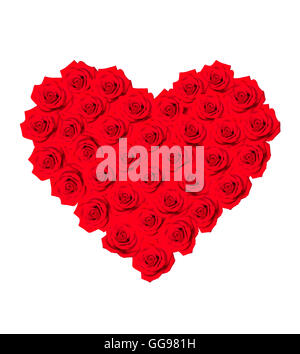 Collage di rose rosse a forma di cuore, isolato su bianco. Foto Stock