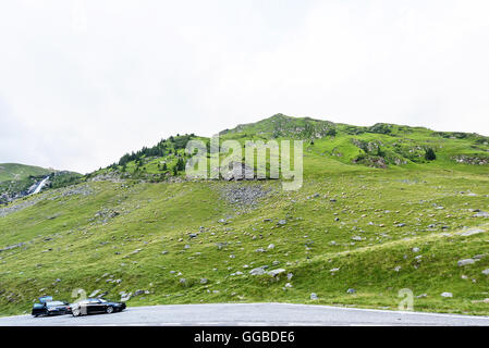 Foto di green capra Peak, due vetture su una strada e un campo pieno di pecore al pascolo nei Monti Fagaras, Romania. Foto Stock