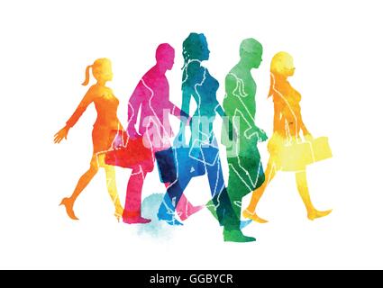 Un gruppo di uomini e donne molto impegnati i pendolari a piedi nella città. Acquerello illustrazione vettoriale. Illustrazione Vettoriale