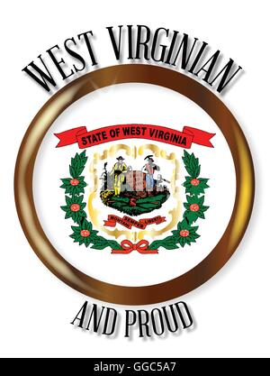 West Virginia bandiera di Stato pulsante con un metallo oro bordo circolare su uno sfondo bianco con il testo West Virginian e orgoglioso Illustrazione Vettoriale