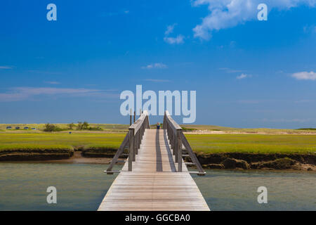 Passerella per le dune passerella in legno si estende su una palude verso il lontano dalle dune e oceano nel sandwich, Cape Cod, Massachuset Foto Stock