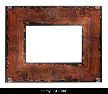 Il legno vecchio picture frame isolati su sfondo bianco Foto Stock