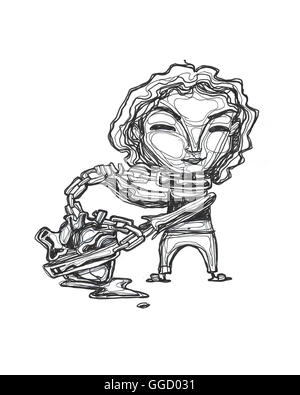 Disegnata a mano immagine o disegno di una donna con una catena di cuore Foto Stock