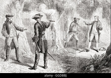 Il duello tra Giovanni documento Wilkes e Samuel Martin in Hyde Park di Londra, Inghilterra,16 novembre 1763 in cui documento Wilkes è stato gravemente ferito nello stomaco. Giovanni documento Wilkes, 1725 - 1797. Radicale inglese, giornalista e politico. Samuel Martin, 1714 - 1788. Uomo politico britannico e amministratore. Foto Stock