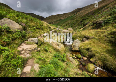 Luce drammatica su Crowden Clough cercando fino alla torre di Crowden su Kinder Scout, Derbyshire. Foto Stock