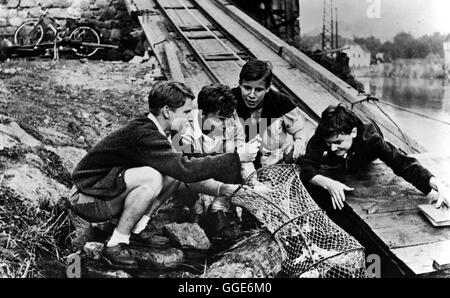 DIE BRÜCKE / Deutschland 1959 / Bernhard Wicki Traurige Helden: FRITZ WEPPER (Mutz), FOLKER BOHNET (Scholten), MICHAEL HINZ (Forst), GÜNTHER HOFFMANN (Bernhard), im Kriegsfilm: 'Die Brücke", 1959. Regie: Bernhard Wicki Foto Stock