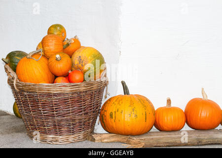 Zucche in un cesto di vimini. Decorazione d'autunno. All'esterno dell'immagine. Foto Stock