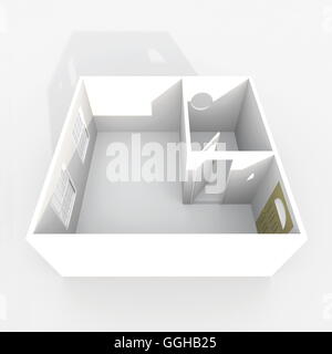 3D Interni rendering vista prospettica del vuoto modello carta hotel room apartment Foto Stock