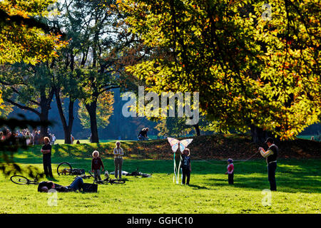 I bambini volare aquiloni, Englischer Garten Monaco di Baviera, Baviera, Baviera, Germania Foto Stock