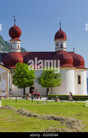 San Bartholomae, lago Koenigssee, Parco Nazionale di Berchtesgaden, Berchtesgadener Land di Baviera, Germania Foto Stock