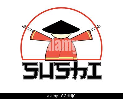 Il logo di sushi. Samurai bacchette con sushi. Illustrazione isolato. Vettore. Illustrazione Vettoriale
