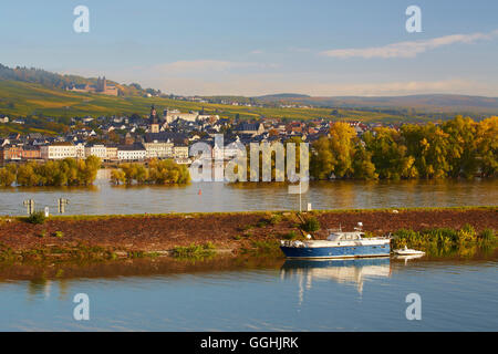 Vista sul fiume Reno a vigneti, San Jakobus chiesa di Santa Ildegarda chiostro, Rudesheim, Mittelrhein, Medio Reno, Hess Foto Stock