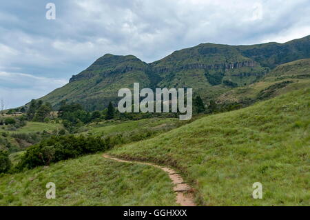 A piedi il percorso escursionistico con la croce di legno in Royal Natal National Park di Drakensberg, Sud Africa Foto Stock