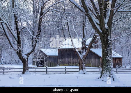 Coperta di neve alberi e un vecchio fienile durante l'inverno, Southwestern Ohio, Stati Uniti d'America Foto Stock