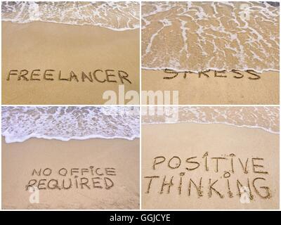 Photo Collage di relax messaggi scritti sulla sabbia. Libero professionista, senza stress e senza richiesta di Office, pensiero positivo Foto Stock