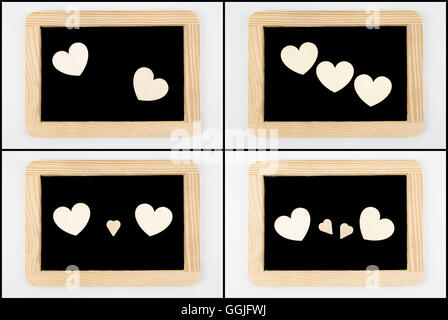Photo Collage di Vintage lavagne con telaio in legno isolato su bianco, craft forme di cuore, la creatività e il concetto di amore Foto Stock
