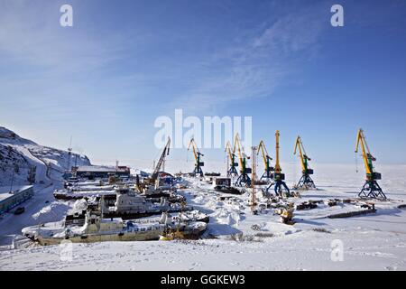 Porto congelate di Anadyr, Chukotka Okrug autonomo, Siberia, Russia Foto Stock