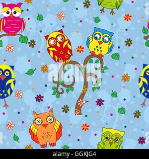 Gufi colorati e albero su sfondo blu con semplice stilizzata civette, seamless cartoon disegno vettoriale Illustrazione Vettoriale