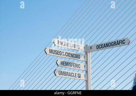 Signpost. Città delle Arti e delle Scienze. Valencia. Comunidad Valenciana. Spagna. Foto Stock