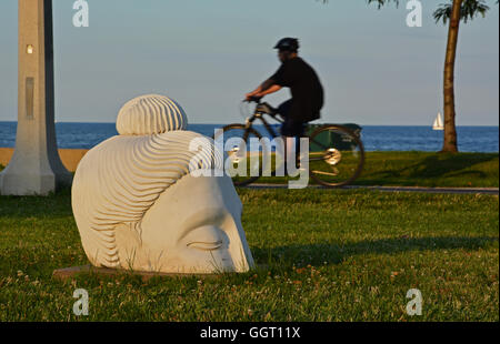 Un cerchio di teste di fronte al lago in Lincoln Park vicino a Fullerton Ave è parte dell'arte pubblica in Chicago Foto Stock