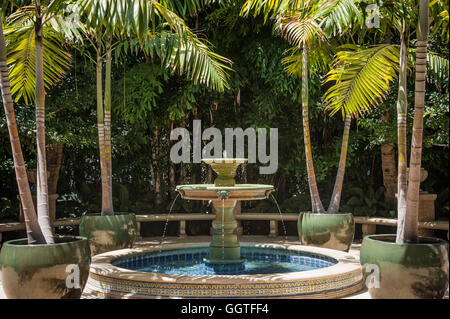Fontana e palme di Earl E. T. Smith Parco di conservazione in tutta da Palm Beach Town Square in Palm Beach, Florida, Stati Uniti d'America. Foto Stock
