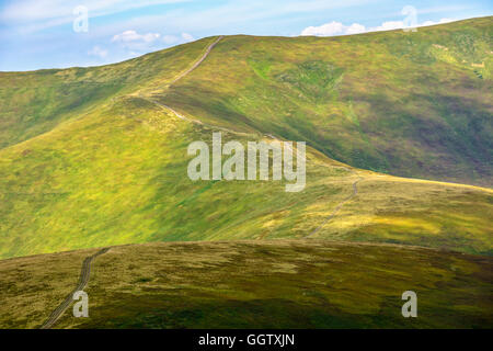 Strada tortuosa attraverso grandi prati sulla collina di Polonina mountain range Foto Stock