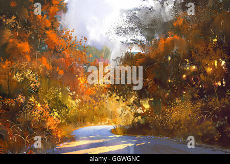 Percorso attraverso la foresta colorata,autunno la pittura di paesaggio, illustrazione Foto Stock