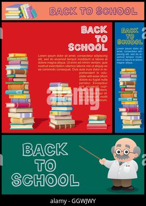 Set di cartoon banner per la scuola, l'istruzione, bookstore, biblioteca e la conoscenza in generale. Illustrazione Vettoriale