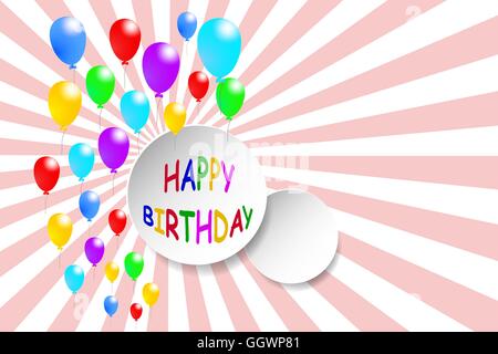 Buon compleanno card con palloncini colorati intorno alla forma circolare con un segno di buon compleanno. Illustrazione Vettoriale