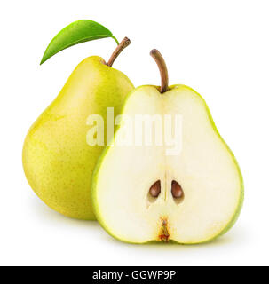 Isolato di pere. Uno e mezzo di pere giallo isolato su sfondo bianco con tracciato di ritaglio Foto Stock